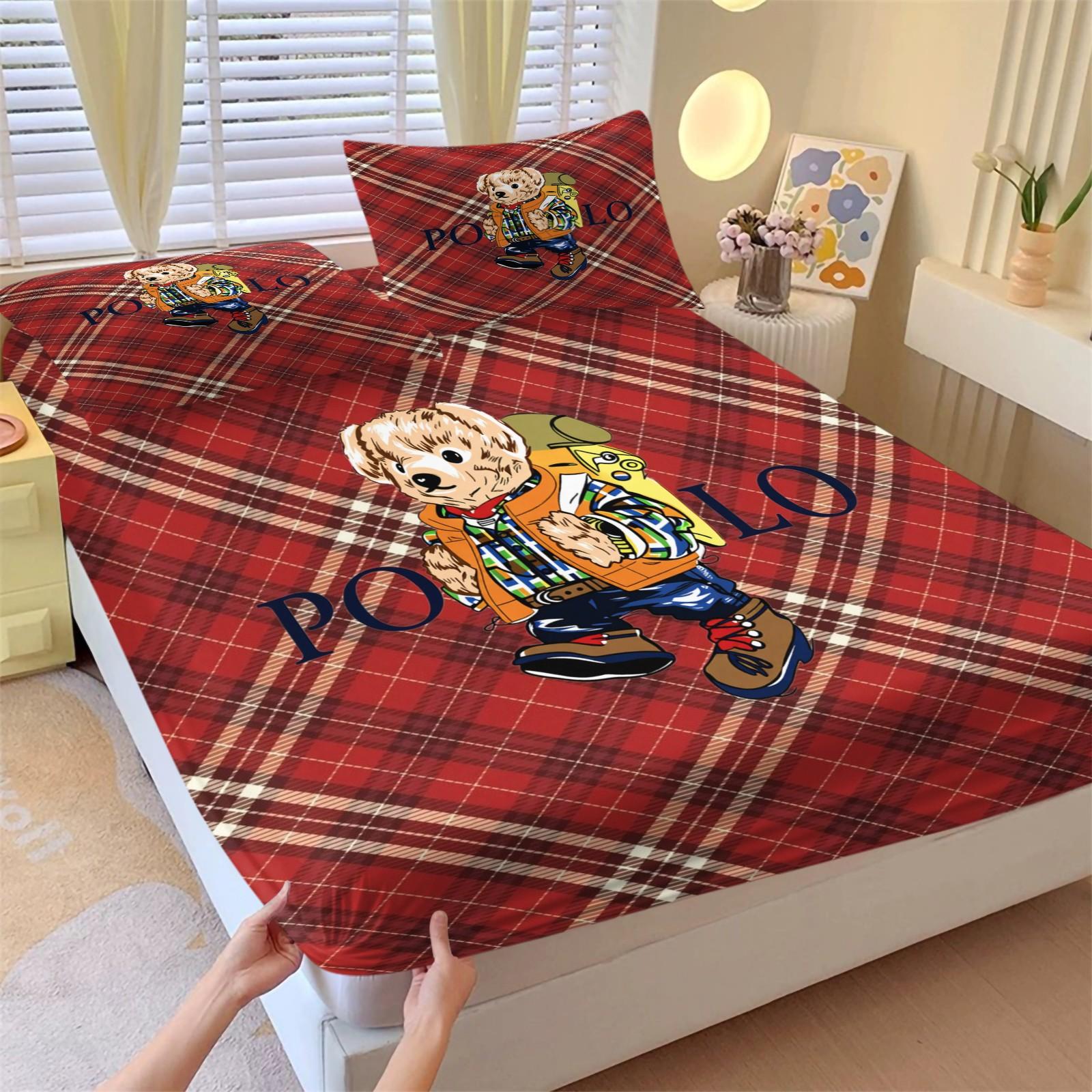 Teddy Bear Pattern Bed Sheet, Comfortable Printed Pattern, Includes 1 Bed Sheet and 2 Pillowcases, Comfortable Bedding, Non slip Dust Cover Suitable for Bedroom and Guest Room, Suitable as a Gift for Children or Adults