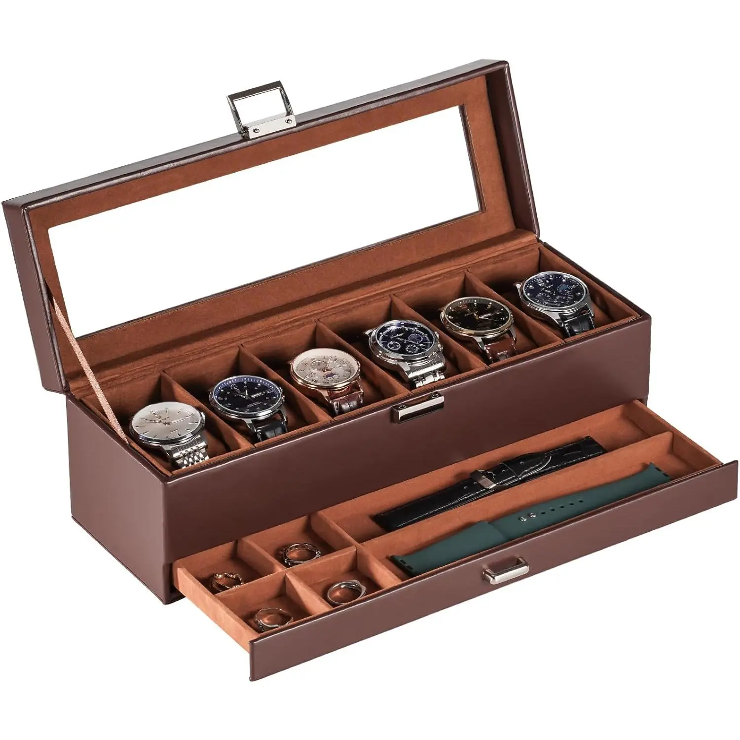 Watch Case for Men, 6 Slot Watch Display Case with Clear Glass Lid, 2-Layer Mens Watch Box Watch Holder, 6 Watch Box Organizer, Watch Storage Case With Drawer -Espresso