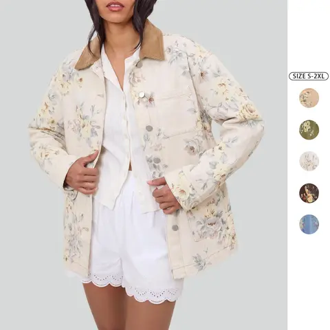 Imily Bela Women's Floral Print Denim Chore Coat with Contrast Corduroy Collar