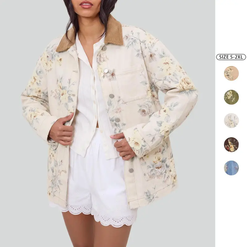 Imily Bela Women's Floral Print Denim Chore Coat with Contrast Corduroy Collar