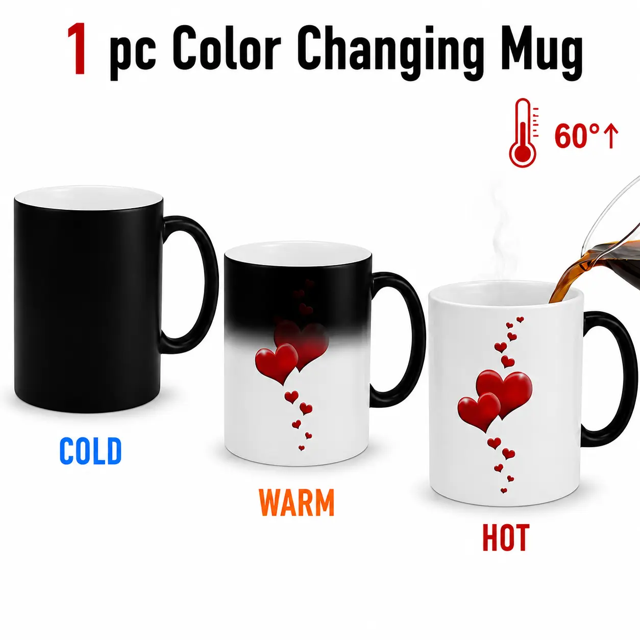11oz Heat-Sensitive Color Changing Ceramic Single Mug, Romantic Red Heart Print Peace-Themed Coffee Cup, Valentine Gift for Her (Wife/Girlfriend)