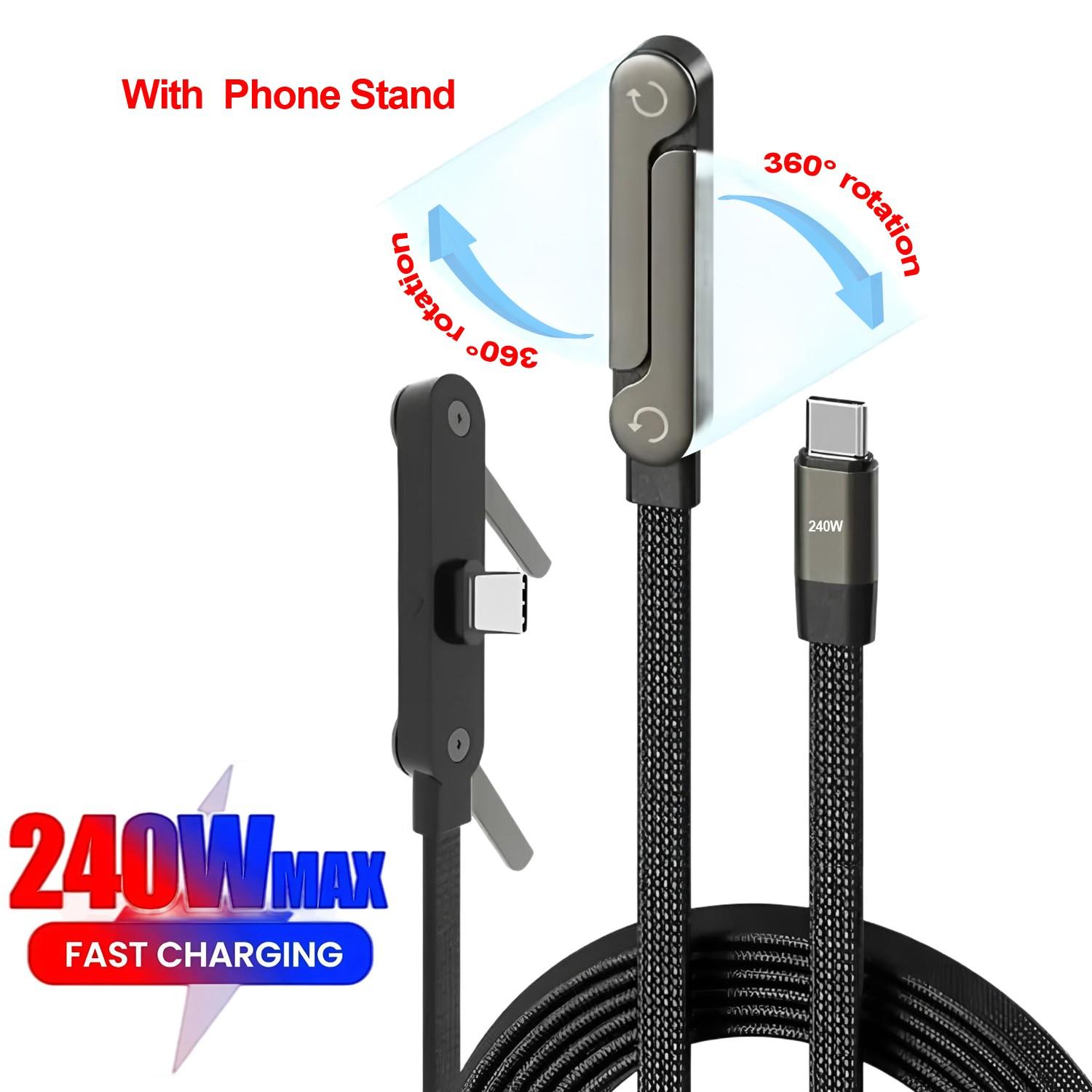 USB Type C Flat Charging Cable with Invisible 360° Rotating Phone Stand, Foldable Phone Holder, 240w Fast Charger