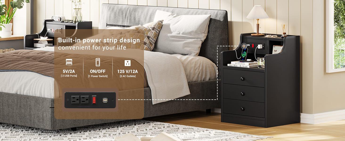 Sikaic Nightstand With Charging Station Hutch & Storage Drawers Bedside Table Cabinet Modern Bedside Table