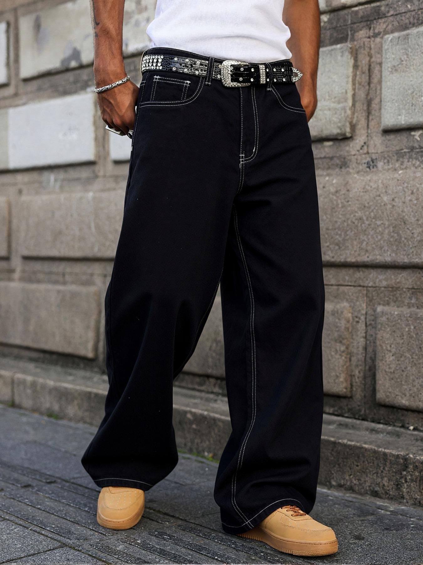 Men's American Vintage Wide Leg Straight Jeans, All-Season Distressed Denim Jeans, Casual Loose-Fitting Streetwear