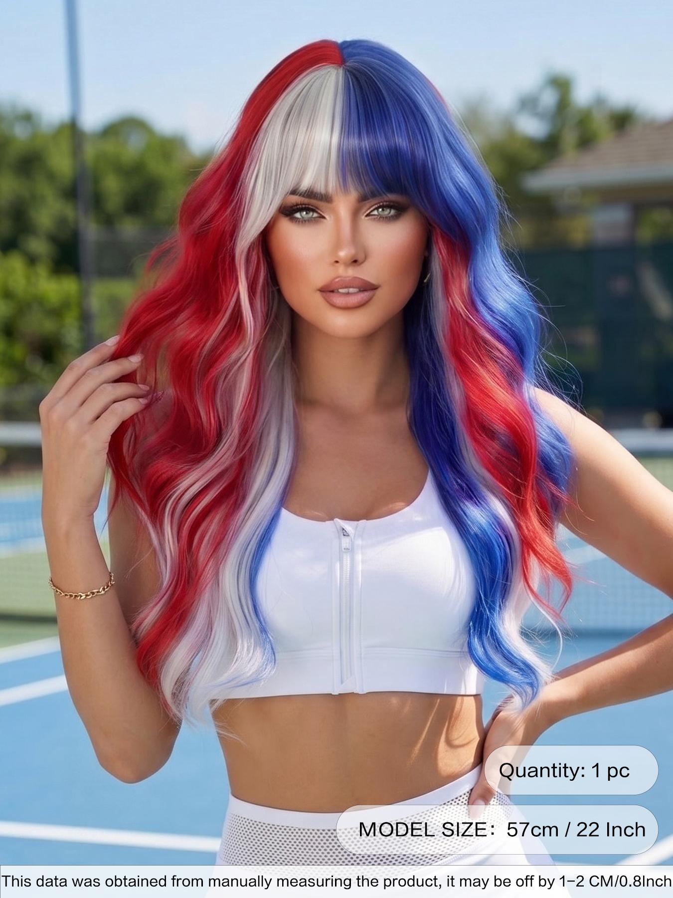 Red White & Blue Wigs for Women 22 Inch Medium Length Wavy Curly Wig with Bangs Synthetic Heat Resistant Wig for festival Fan Zone Support