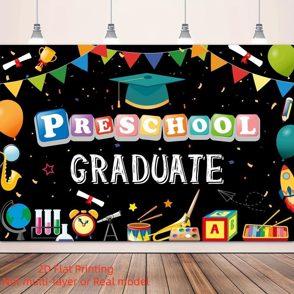 2D Flat Banner Class of 2026 Preschool Graduate Backdrop, Vinyl School Ceremony Decor with Congrats Text, Balloon & Diploma for Kindergarten Pre-K Graduation