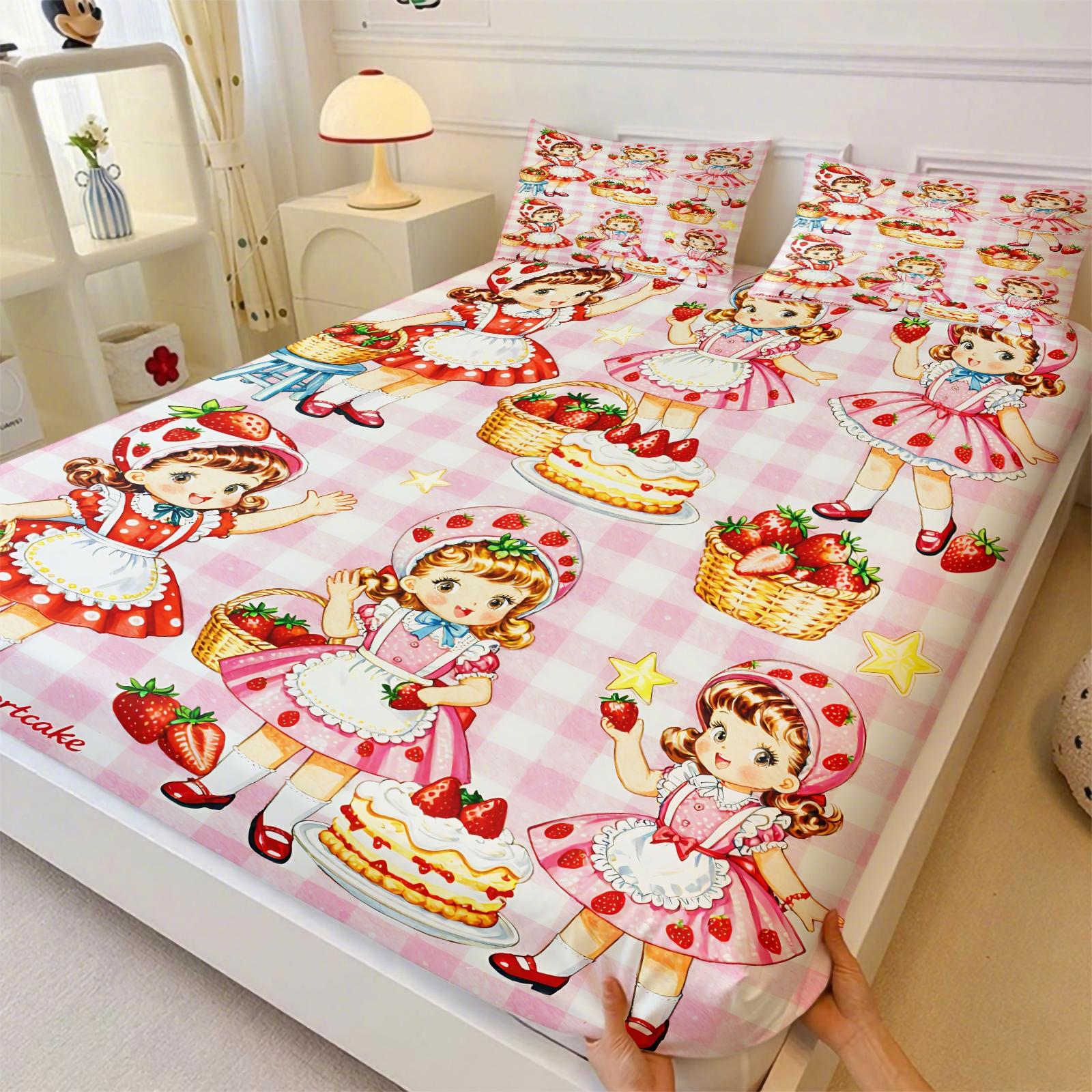 Strawberry Sweetheart Fitted Sheet Set & 2 Pillowcases, 3D Strawberry Full Print & Q-Version Cartoon Girl Design, Soft Anti-Slip Wrinkle-Resistant, Sweet Healing Style Girl's Room Kids Room Decor, Gift Choice