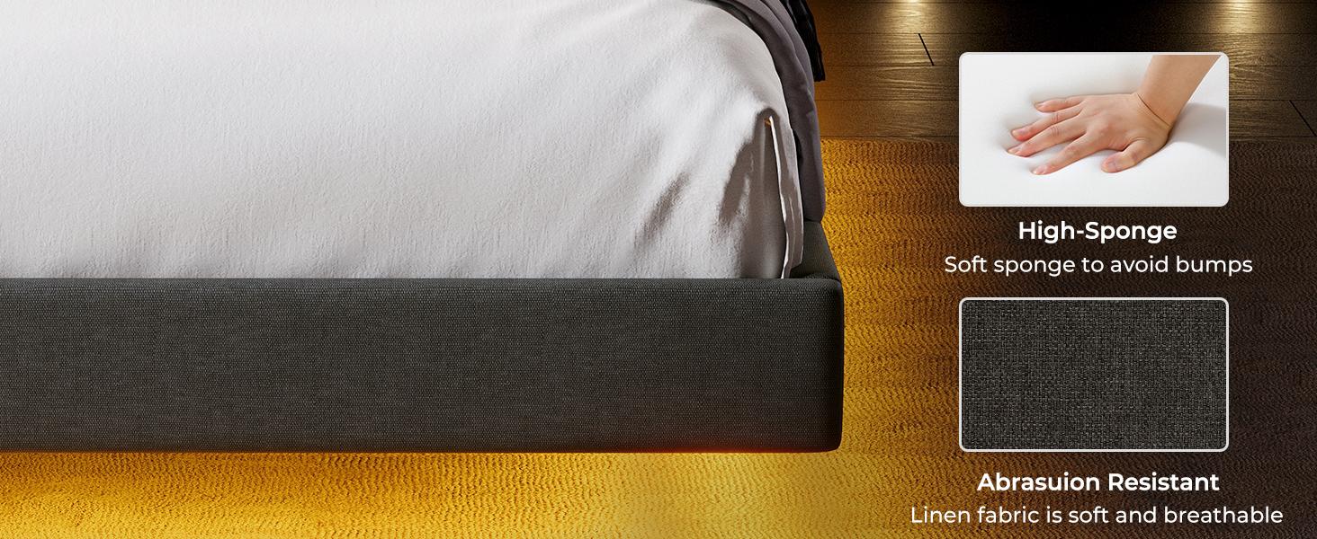 Floating Bed Frame Twin/Full/Queen Size with RGB LED Lights and Type-C&USB Ports, Linen Upholstered Platform Bed with Wood Slats Support, No Box Spring Needed,Noise-Free,Easy Assembly,Dark Gray