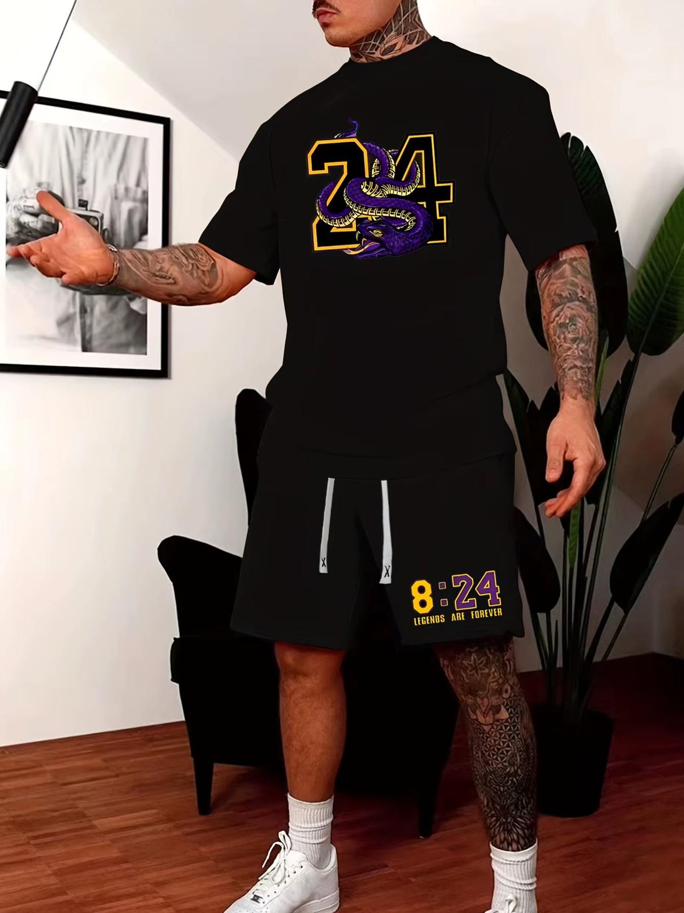 Men's Summer 2-Piece Set: Mamba Mentality 8:24 Graphic T-Shirt & Drawstring Shorts - Vintage Basketball Streetwear (Perfect for Gym & Casual Wear) - "Legends Are Forever" Edition