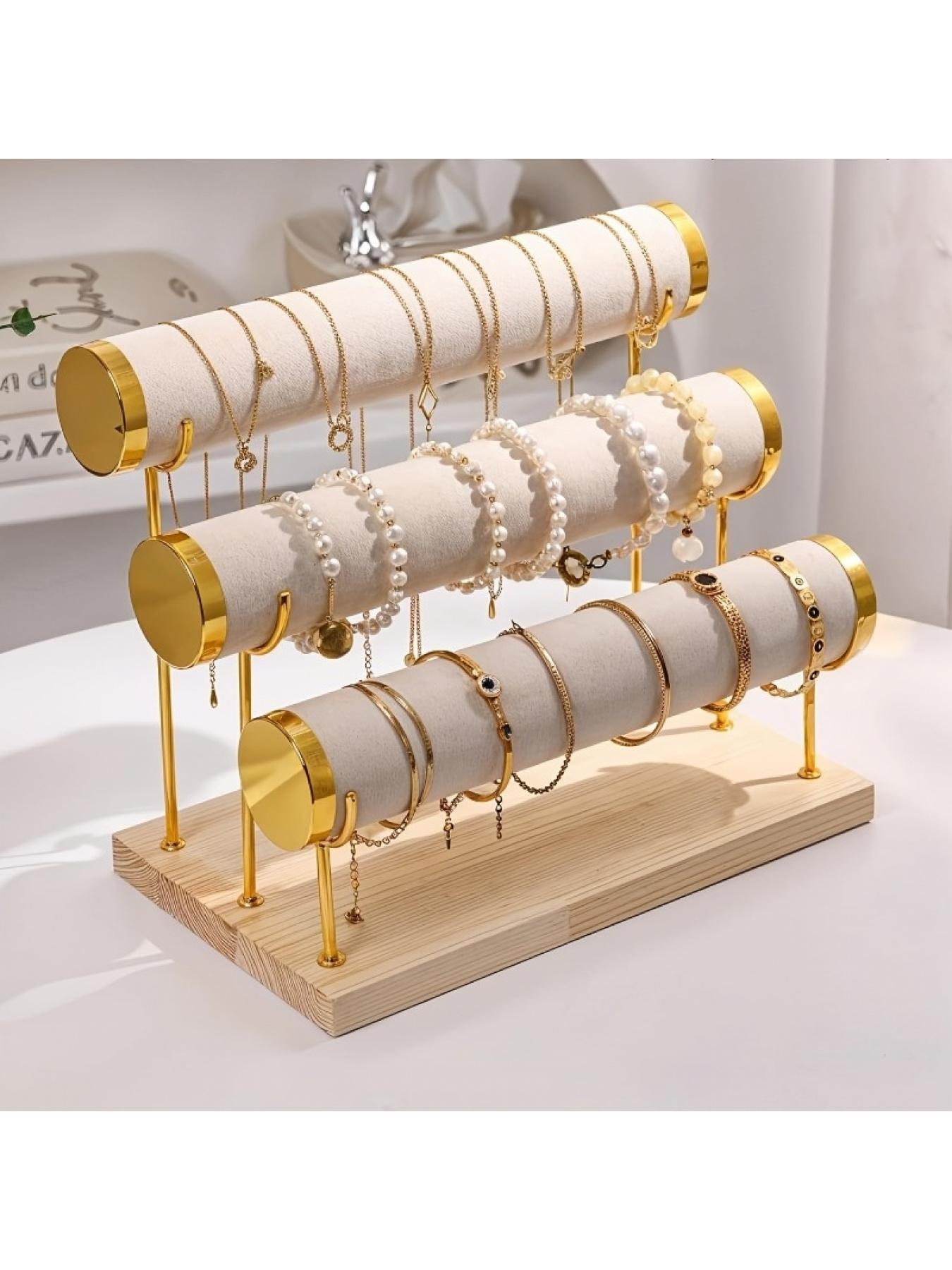 1 Pack 3-Layer Velvet Bangle Bracelet Stand with Detachable Rod Travel Home Jewelry Hanging Organizer for Bangles and Watches Beige Pink