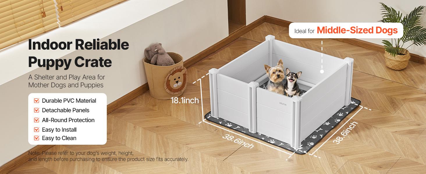 fathersdaygift  VEVOR Dogs Whelping Box, 38.6x 38.6x 18.1 inch, Plastic PVC Puppies Playpen with Height Adjustable Door and Washable Pee Pad, Anti-Deformation Indoor Puppy Play Pen for Medium Breed Dogs, Milk White