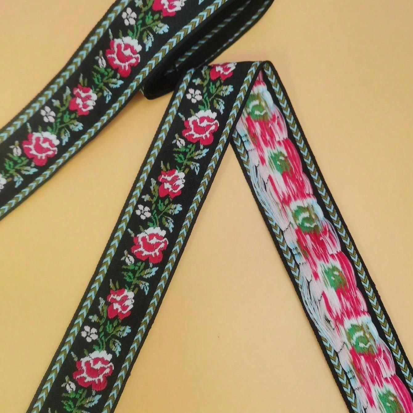 1 Meter Rose Pattern Embroidered Ribbon, Bohemian Style, Ideal for Clothing, Accessories, Shoes, Hats, DIY Decorations, Sewing Supplies