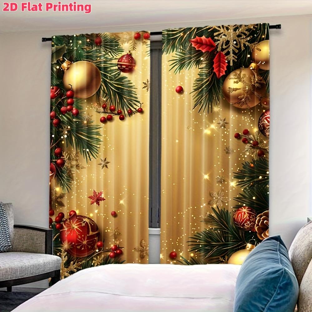 2-Pack, 2D flat print yellow Christmas pattern curtains, pole-mounted installation, digital printing, polyester material, suitable for home decoration, Window Curtain, Window decorations supplies