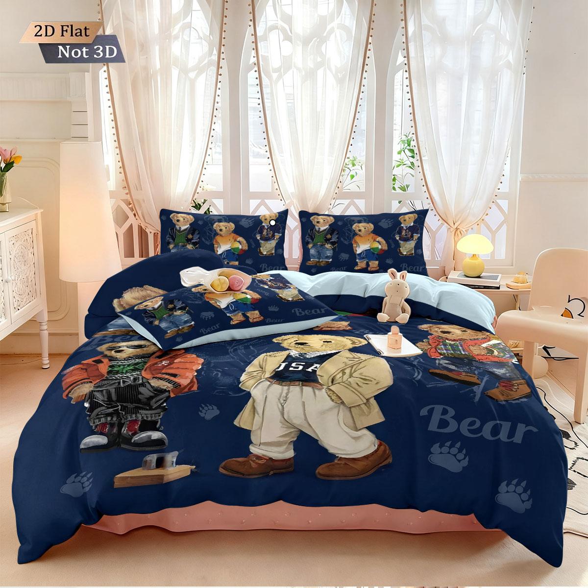 3pcs COOL BEAR Print Soft Bedding Set with Includes 1* Duvet Cover and 2*Pillowcases, No filling，Perfect for Patriotic Bedding Gift, Home Decor, Bedroom Accessories