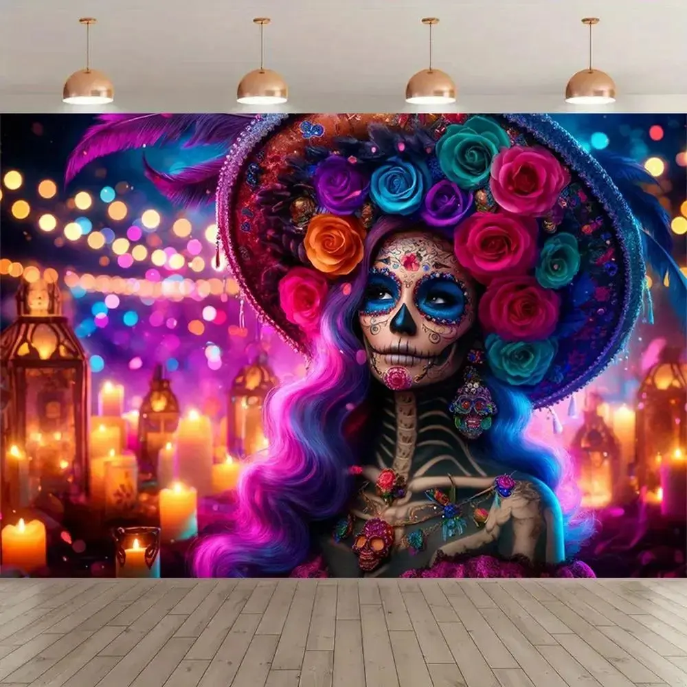1pc Skull Lady Tapestry - Vibrant Floral & Feather Design Polyester Photography Backdrop for Day of the Dead, Halloween, Parties - Indoor/Outdoor Banner, Studio Props, No Electricity Needed, Skull Decor, Festiv,sohochic
