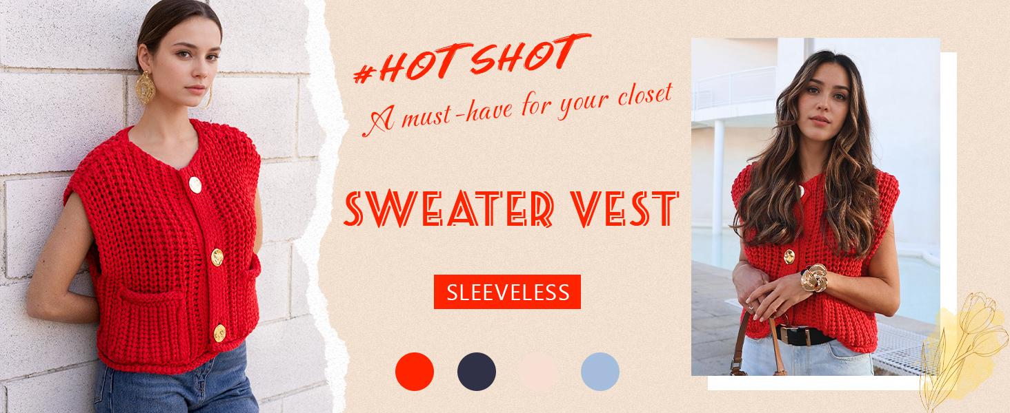 Naeduo Womens Crochet Chunky Knit Top Sleeveless Button Down Crop Tops Trendy Cardigan Sweater Vest for Women with Pockets