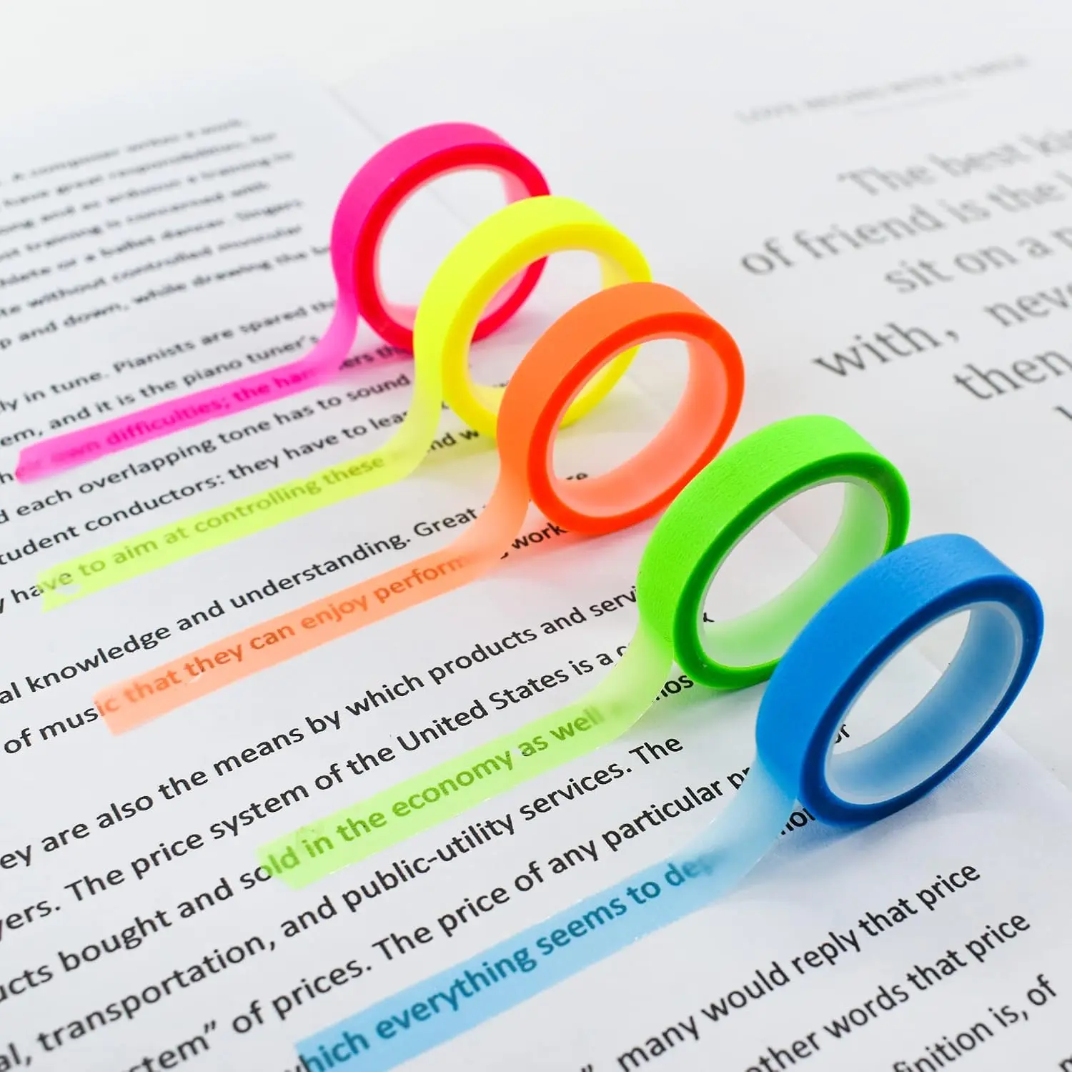 5 Rolls Highlighter Tape Transparent Marking Sticker Removable Fluorescent Colored Tags for Reading Class, 16 ft Per Roll