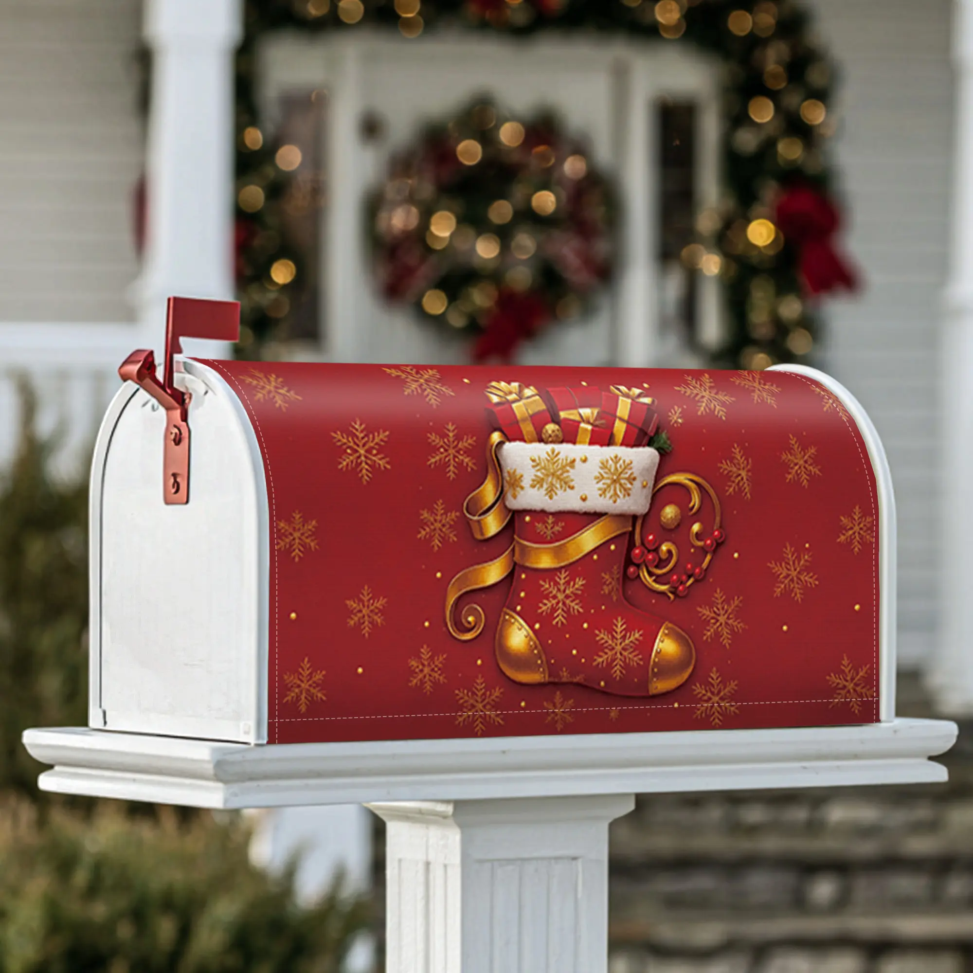 Christmas stocking Magnetic Mailbox Covers, festive cheerful presents snowflakes Christmas red Mailbox Wraps for Outdoor Decorations