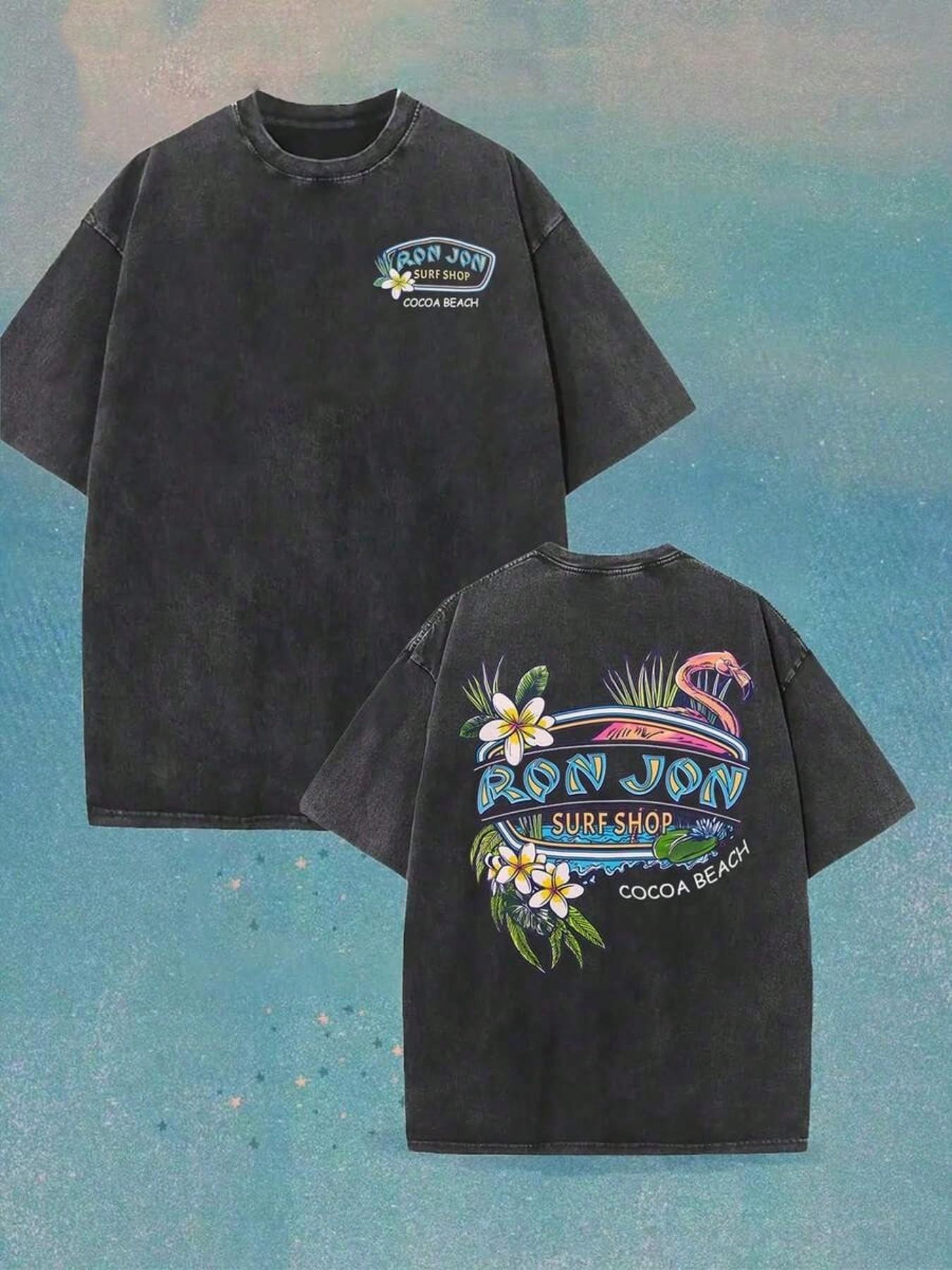 Vintage Washed Loose Fit T-Shirt, Dual-Sided Tropical Surf Print, Y2K Retro Street Style, Summer Beach Vacation Top, Unisex Cartoon Pattern