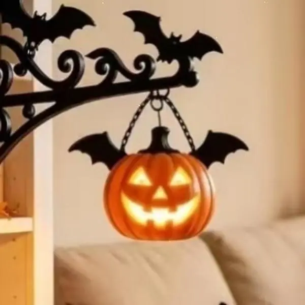 【Halloween Essentials】Synthetic Ghost Pumpkin LED Lantern with Warm LEDs, Hanging Light Decor for Door Wall, Spooky Season Home & Party Supplies, Fall Festival Fashion Accessory