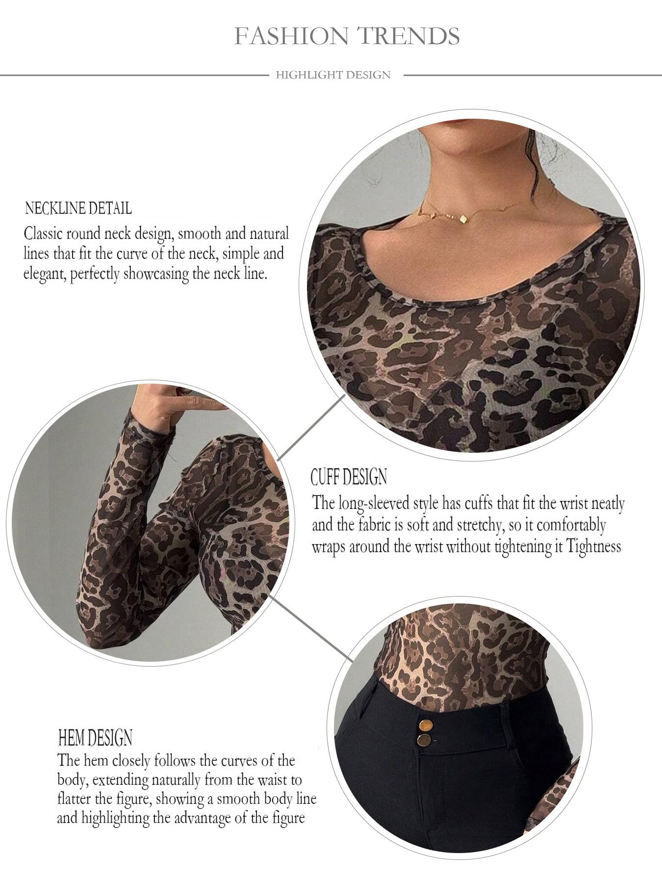 Women's Leopard Print Mesh Round Neck Long Sleeve Top, High Elasticity Fitted Shirt, Casual All-Season Wear, Multi-Purpose Base Layer