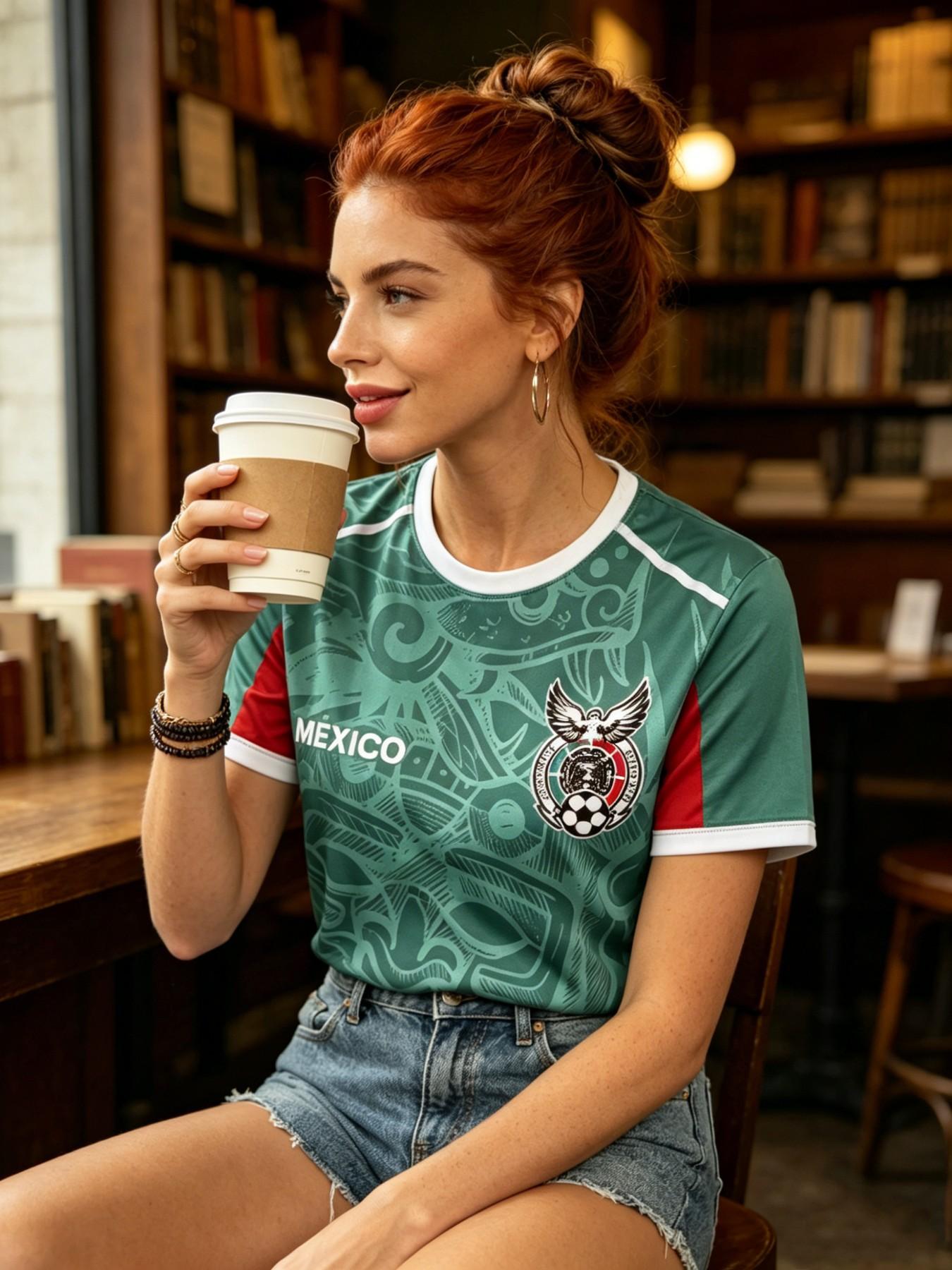 Mexican Eagle Soccer Team Logo Print Round Neck Short Sleeve T-Shirt, Women's Maya Tribal Pattern Lightweight Sports Top, Casual Loose Fit, Active Shirts