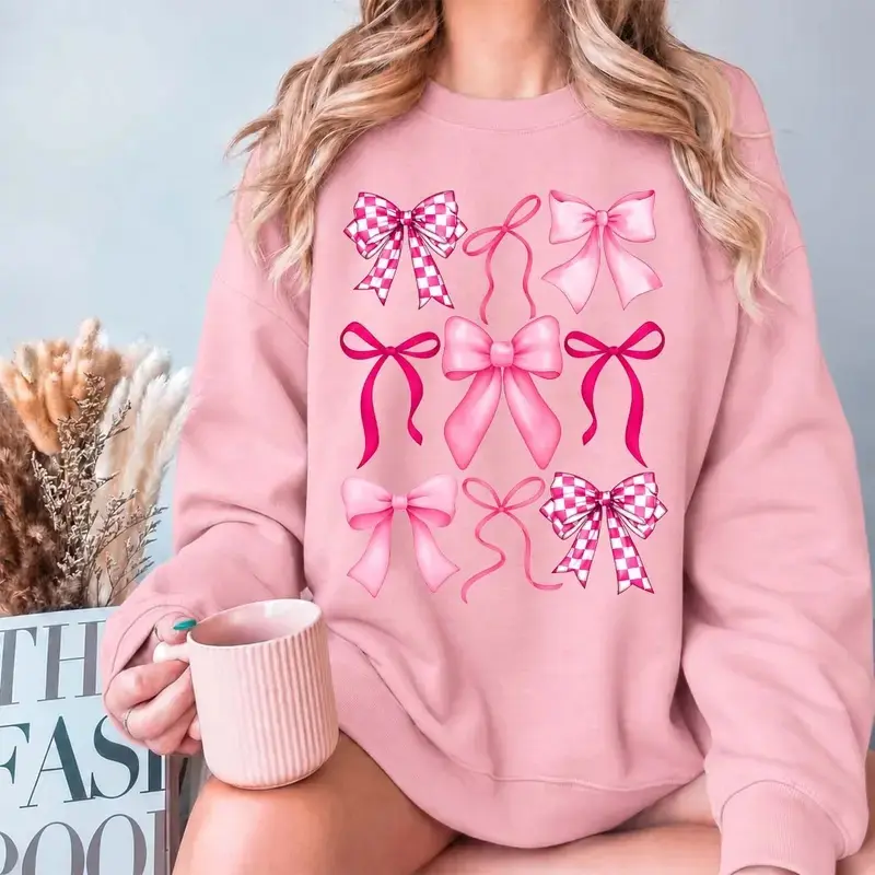Women "Pink Bow" Oversized Crewneck Sweatshirt Fleece Lined Pullover Long Sleeve Loose Fit Casual Tops Fall Winter Fashion Clothing