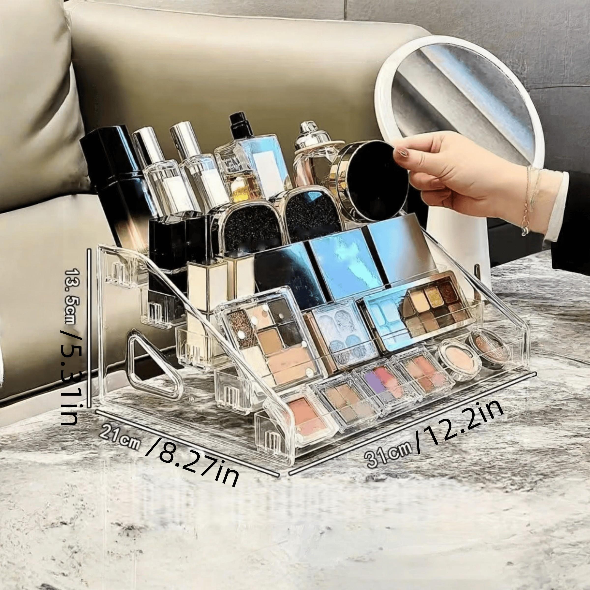 Transparent Acrylic Makeup Organizer Box, 3-Layer Stackable Cosmetic Storage Rack with Dividers, Large Capacity Vanity Display Shelf