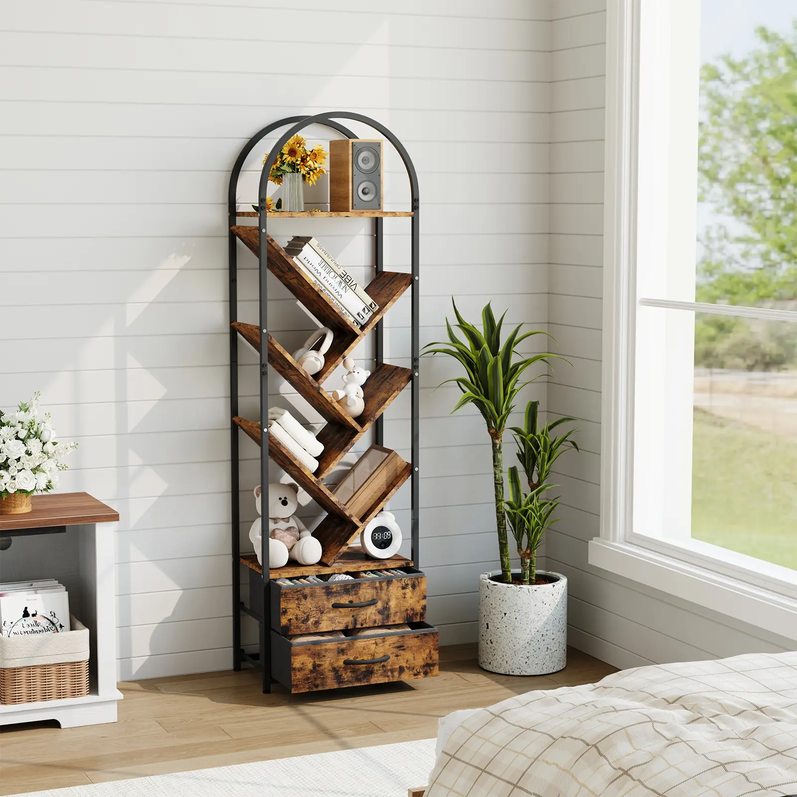 Tall Tree Bookshelf with Fabric Drawers – Narrow Industrial Vertical Bookcase for Small Spaces – Wood and Metal Storage Shelf, Space-Saving, Durable, Ideal for Living Room, Bedroom, or Home Office Decor