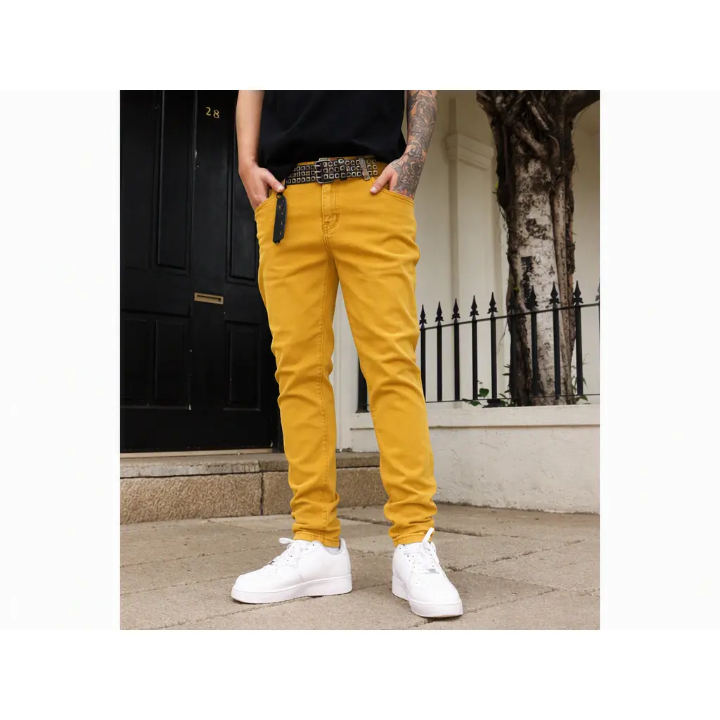 Men's Casual Slim Fit Colored Denim Jeans, Mustard Yellow Stretch Fabric Pants, Solid Fashion Streetwear Menswear, Lightweight Comfortable Trousers for Summer Daily Wear, Trendy Casual Outfit with Classic Five Pocket Style