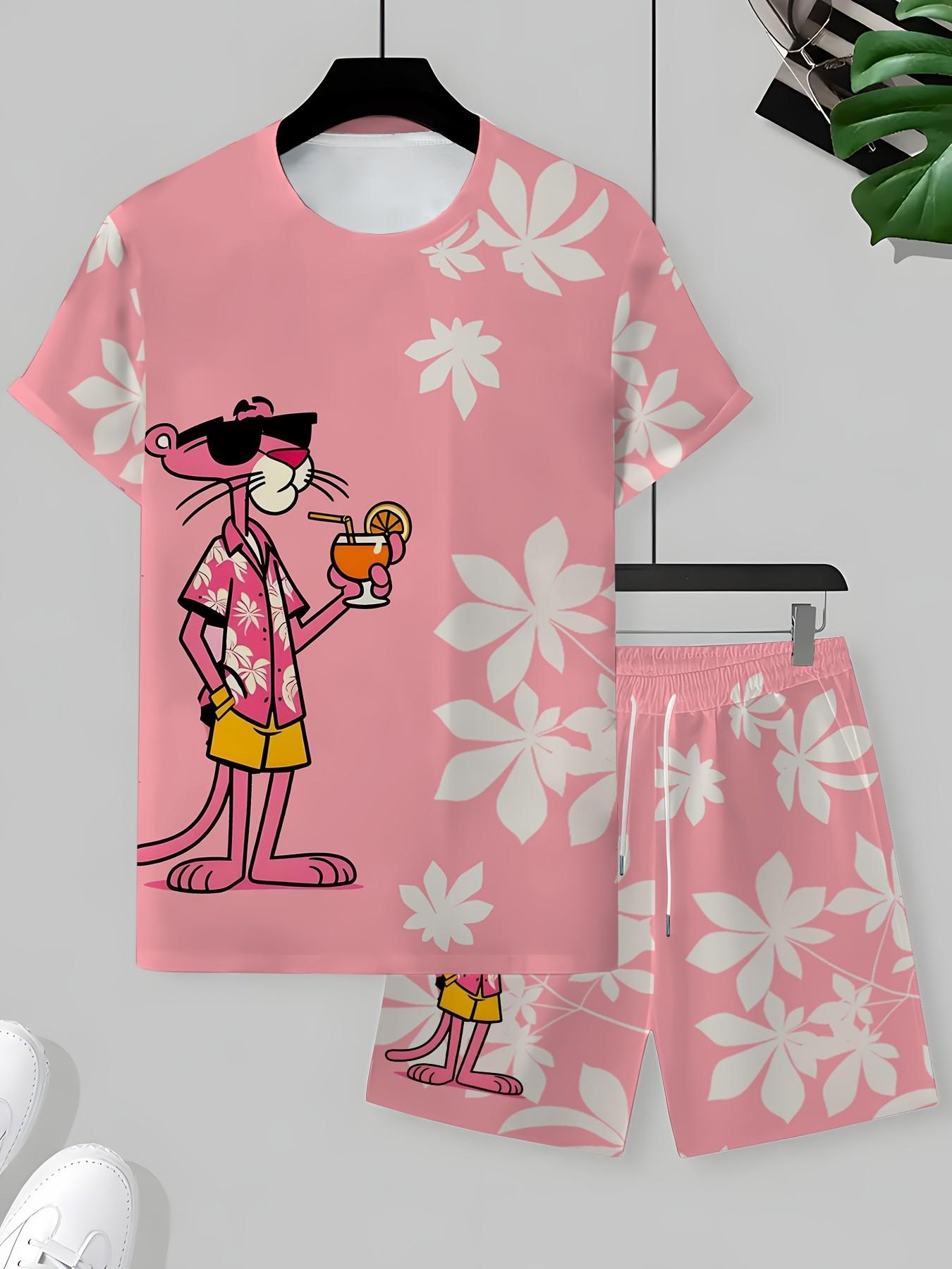 Summer Men's Fun Cartoon Sportswear Set, Streetwear Tracksuit Set, Short Sleeve T-Shirt & Floral Pants, Casual Summer Style for Travel