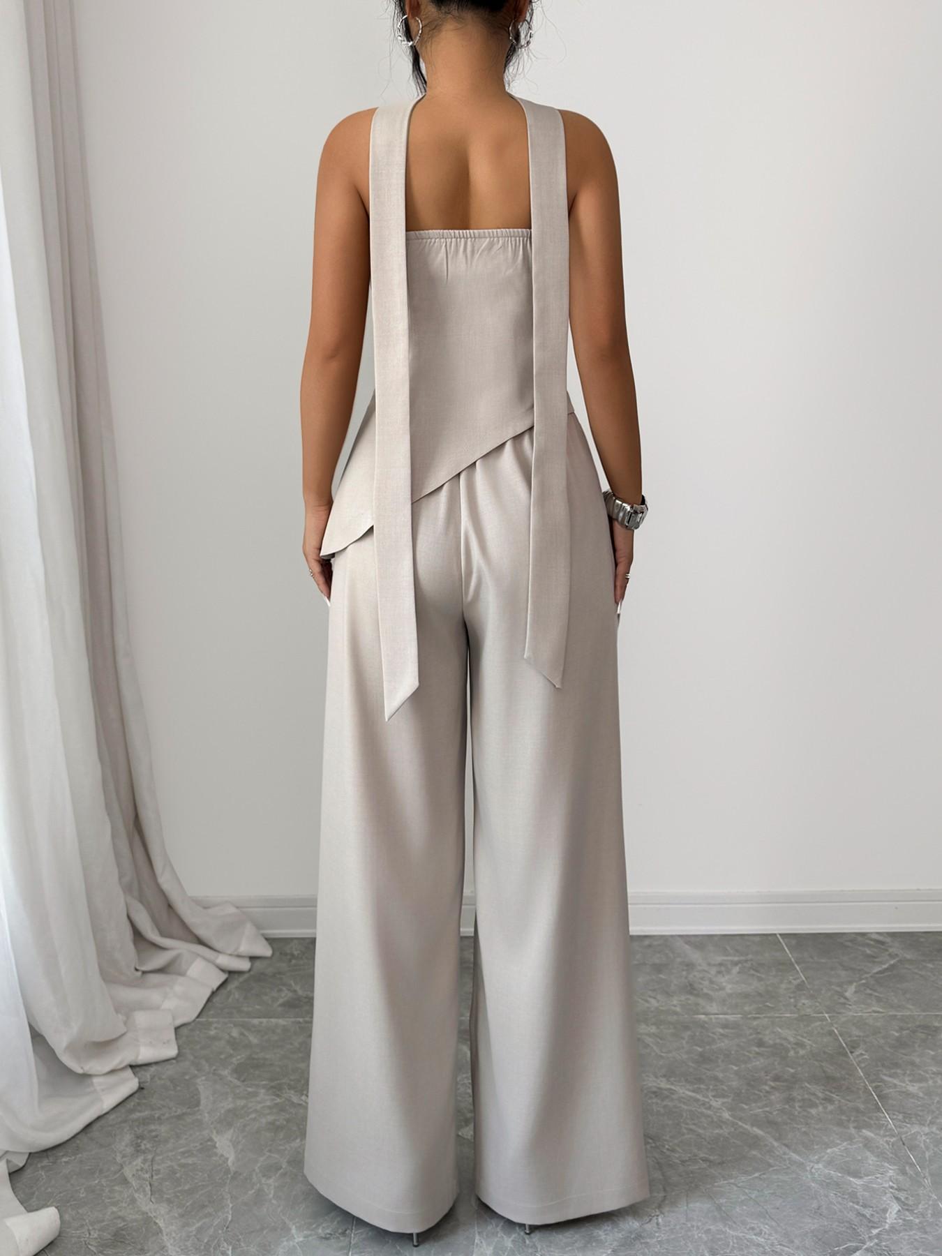 Design Sensational Pure Color Irregular Hem Halter Top Set with Draped Belt & Long Pants, Casual Two-Piece for Women