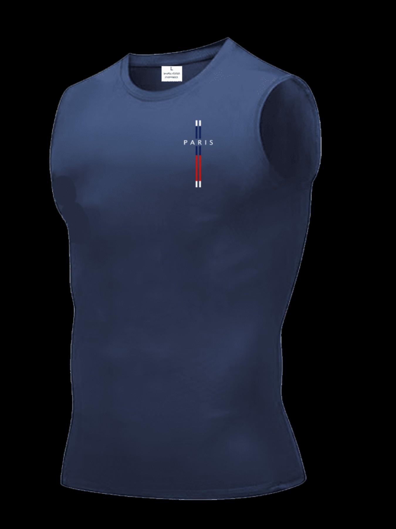 Men's Short Sleeve Sporty Tee, Quick-Dry Breathable Fabric, Paris Pattern, Slim Fit, High Elasticity, Ideal for Gym, Running, Boxing