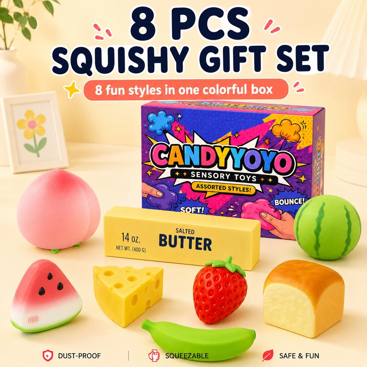3/4/6/8PCS Stress Relief Fun Toy Set, Sensory Stress Reliever, Squeezable Sensory Combo Pack, Squishy Fidgets, Cheese Strawberry Banana Butter Stick Watermelon Peach Toys, Kids Party Gift