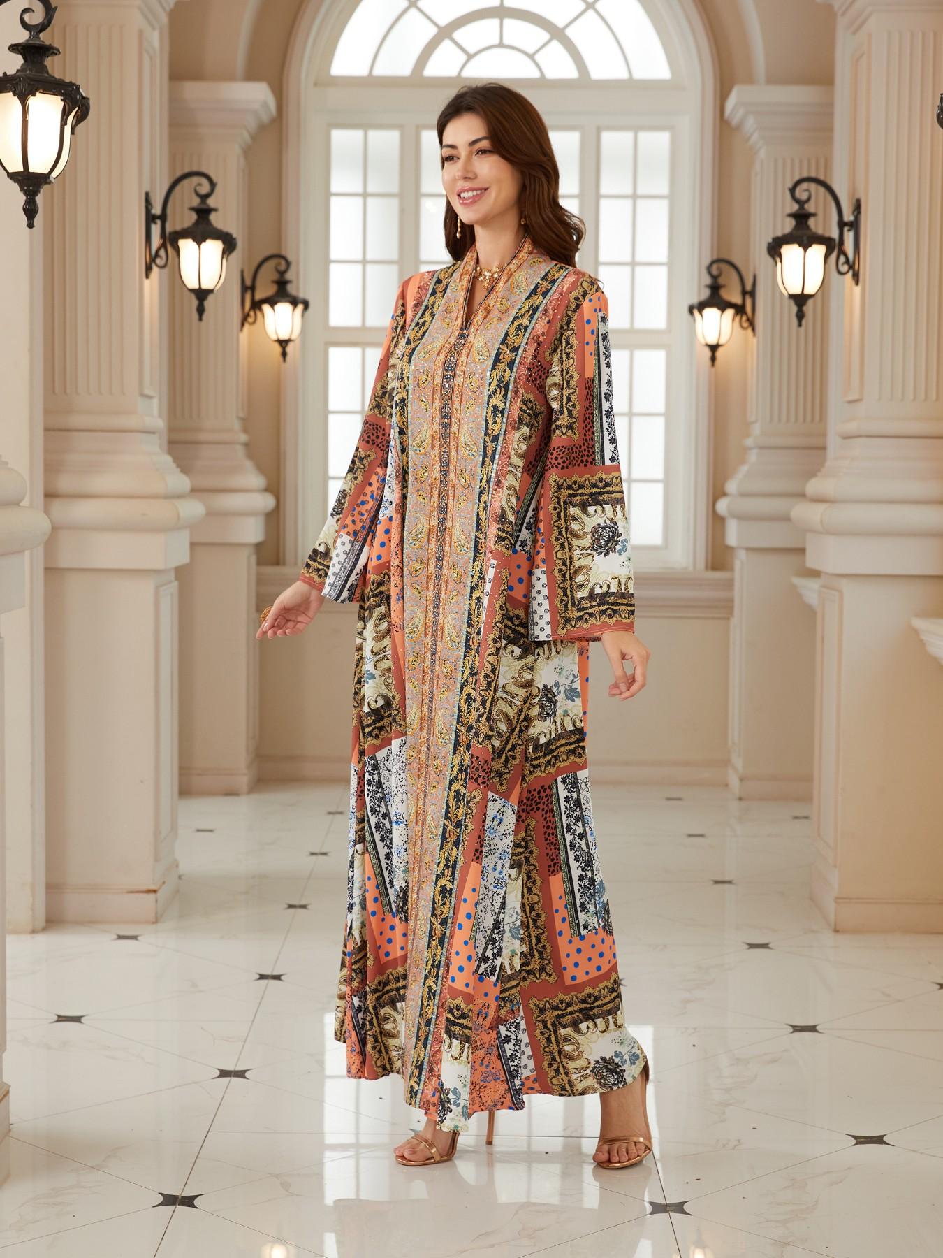 Middle Eastern Ramadan Women's Vintage Patchwork Paisley Rhinestone Long Robe, Dubai Style Festival Evening Gala Kaftan Abaya