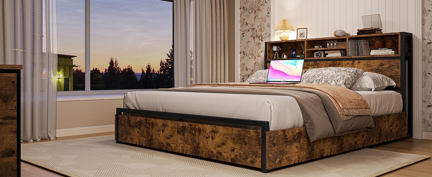 Bed Frame with 6 Storage Drawers, MATTRESS NOT INCLUDED, Bed Frame with Headboard Charging Station ,with Storage No Noise,No Box Springs Needed,Vintage Brown Bed Frame with 6 Storage Drawers, MATTRESS NOT INCLUDED, Bed Frame with Headboard Charging Station ,with Storage No Noise,No Box Springs Needed,Vintage Brown