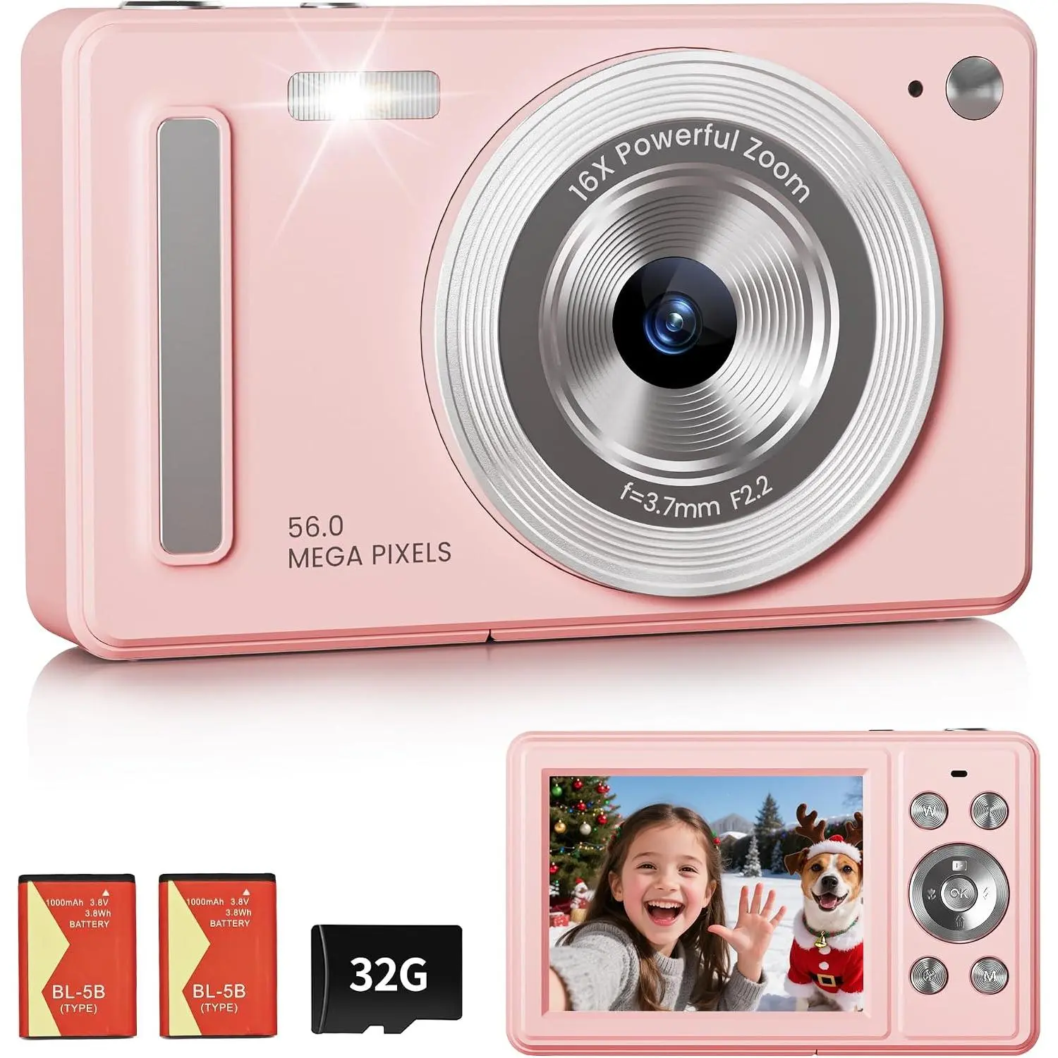Digital Camera, FHD 1080P Point and Shoot Camera, 32GB SD Card, 2  | Anti Shake, 20 Filters,  Detection, Time-Lapse, Compact Small Design for  Teens Girls Boys, Birthday, ,