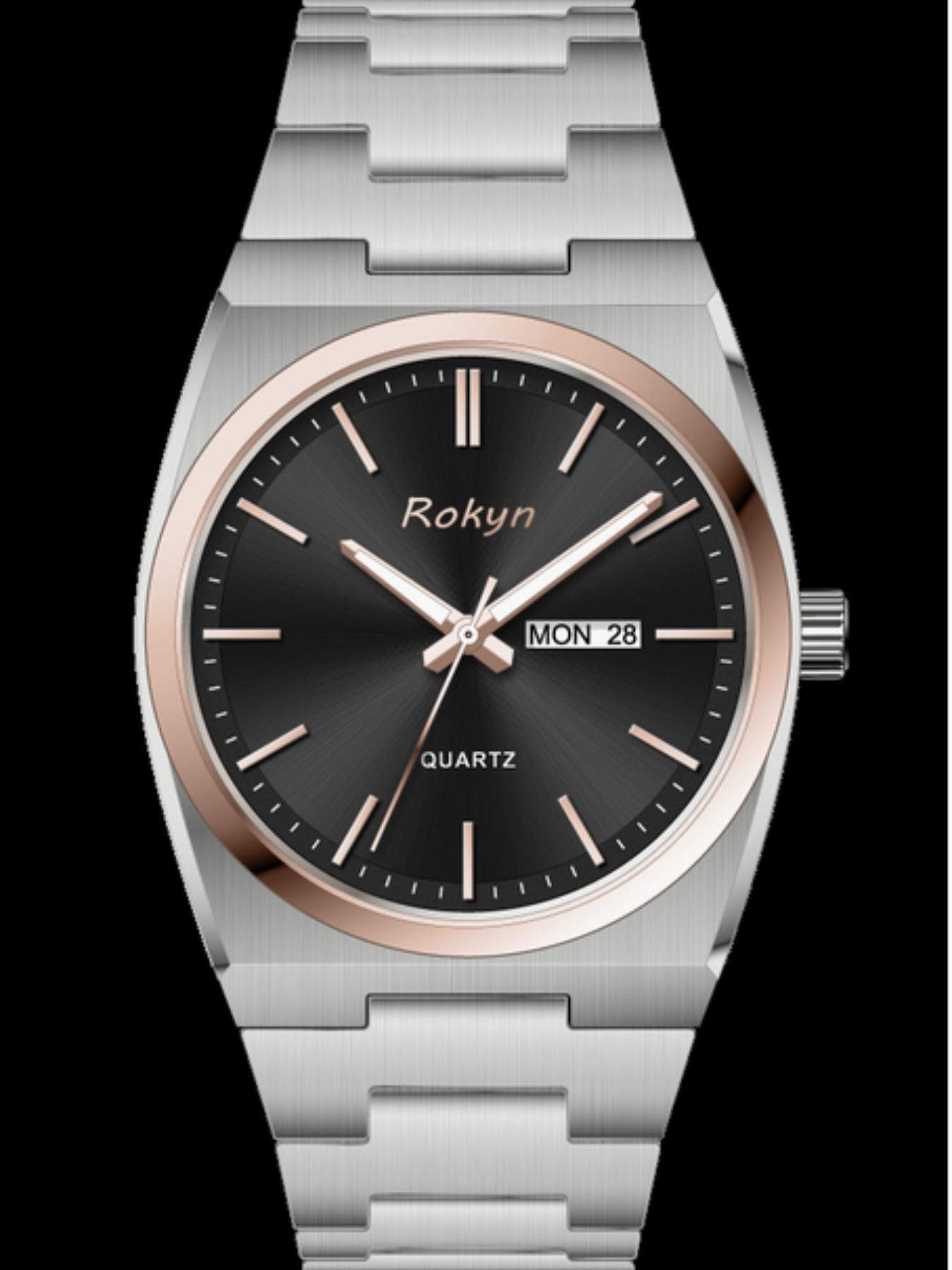 ROKYN Ultra-Thin Luxury Men's Watch, Elegant Fashion Waterproof Dual Calendar Night Glow Quartz Watch, Business Casual Analog Round Face