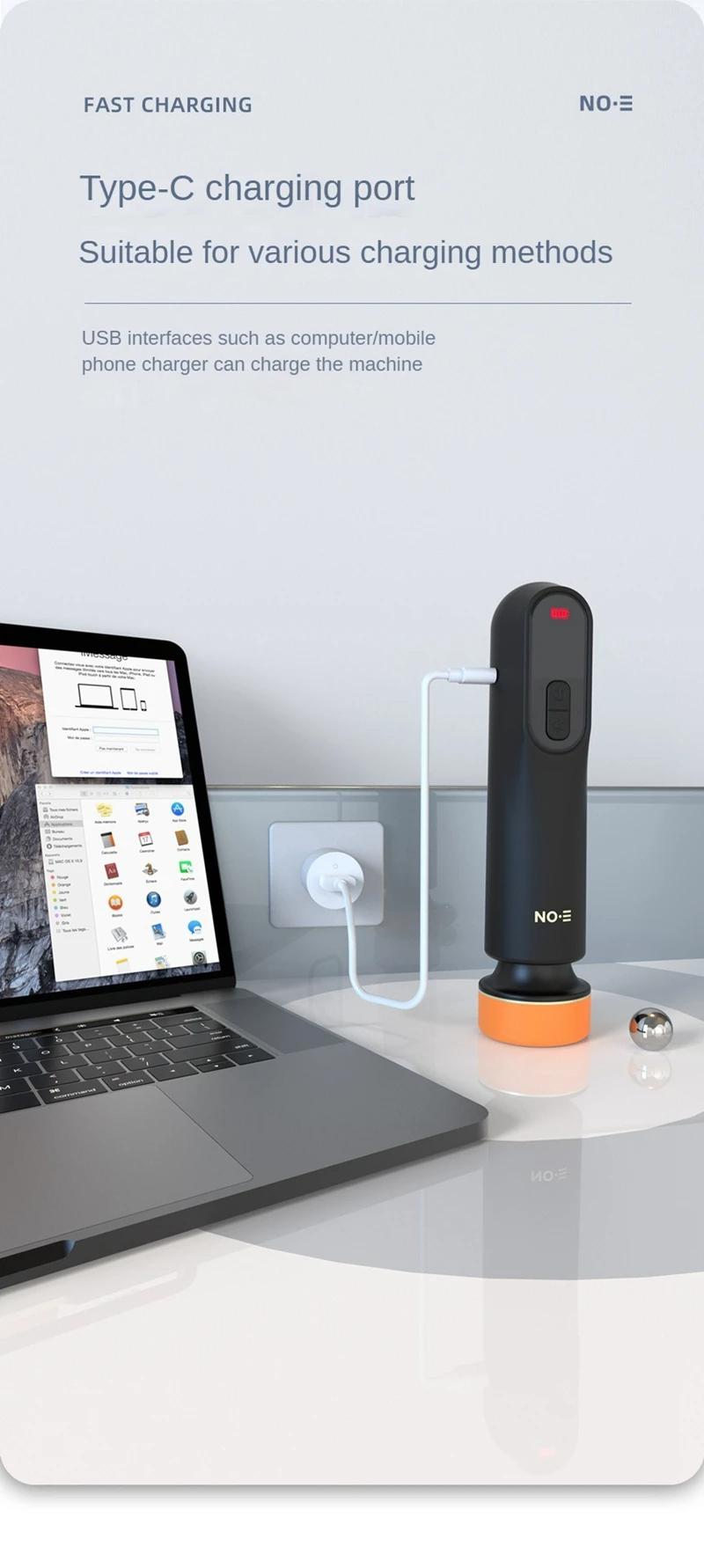 Cordless mini car polisher connected to a Type-C charging cable
