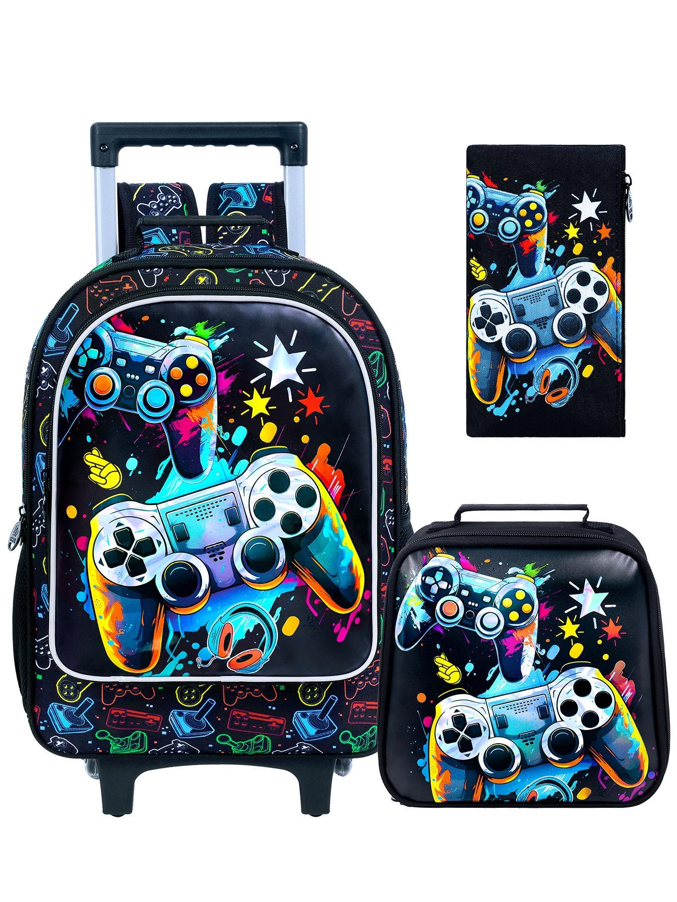 Three-Piece Wheel Backpack Set, Wheeled Elementary School Bag and Lunch Bag, Rolling Backpack for Boys and Girls, School Backpacks, Funny Bag, All Season Use