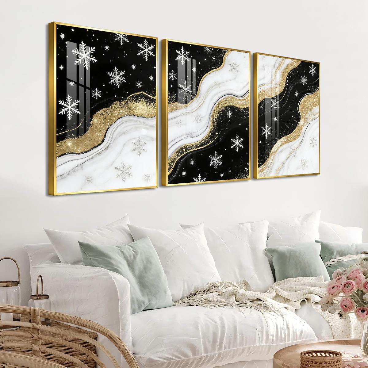 3 Counts Aluminum Alloy Framed Painting, Black White And Gold Snowflake Abstract Art Pictures, Home Decoration For Living Room, Bedroom, Office, Restaurant, Hallway Wall Decor, Odorless Print Artwork, Luxury Perfect Gift For Friends And Family