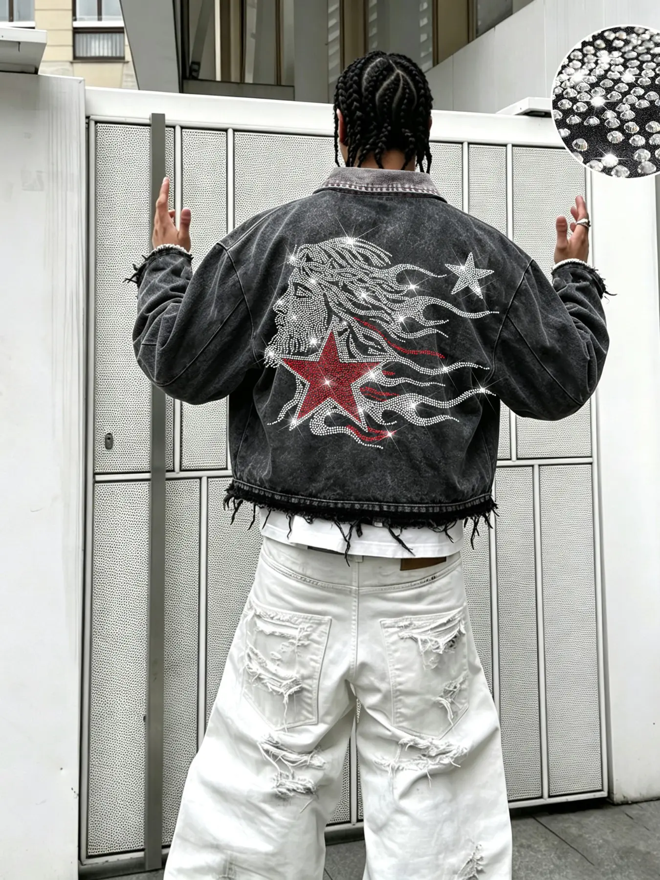 American Vintage Men's Denim Jacket, Back Rhinestone Star Design, Washed, Loose Fit, Long Sleeve, Casual Style, All Seasons, Graphic