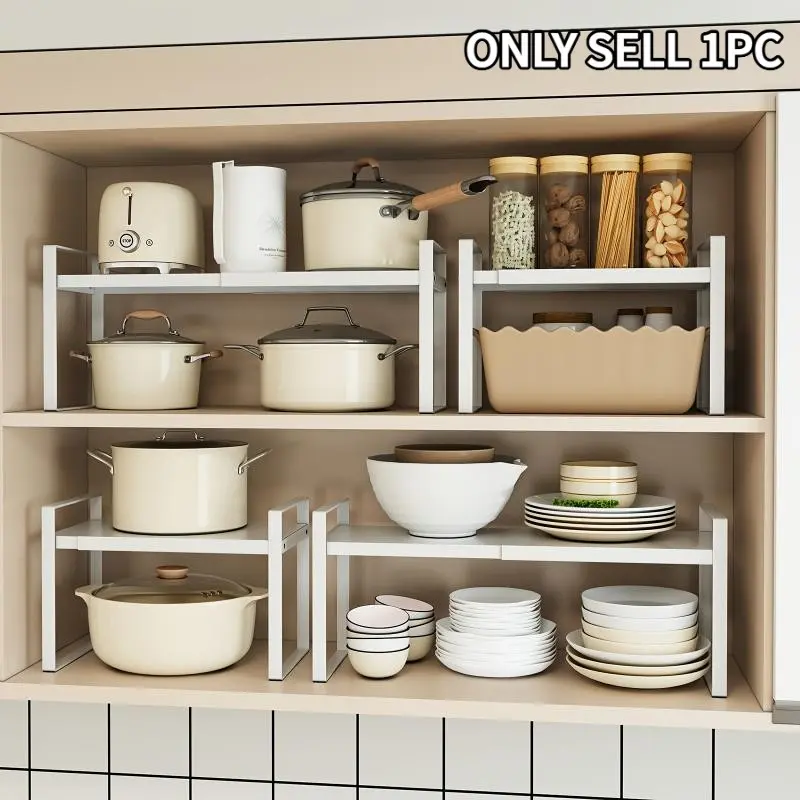 Expandable Metal Adjustable Kitchen Cabinet Shelf, Multi-Layered Organizer, Pot Rack, Under Sink Storage, Adjustable Multilayer Storage for Home Kitchen Supplies and Utensils, Adjustable Height Storage