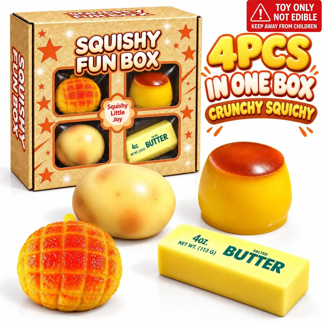 4-Piece gold Crunchy Squishy ASMR Stress Relief Toy Set, Squishies Gift Pack, Soft Stretchy Realistic Novelty Shapes (Butter, pudding, pineapple buns, potatoes), Whimsical Relaxing Gifts, Toys for Grown Ups, Cute Desktop Ornaments, Trendy Selfie Props