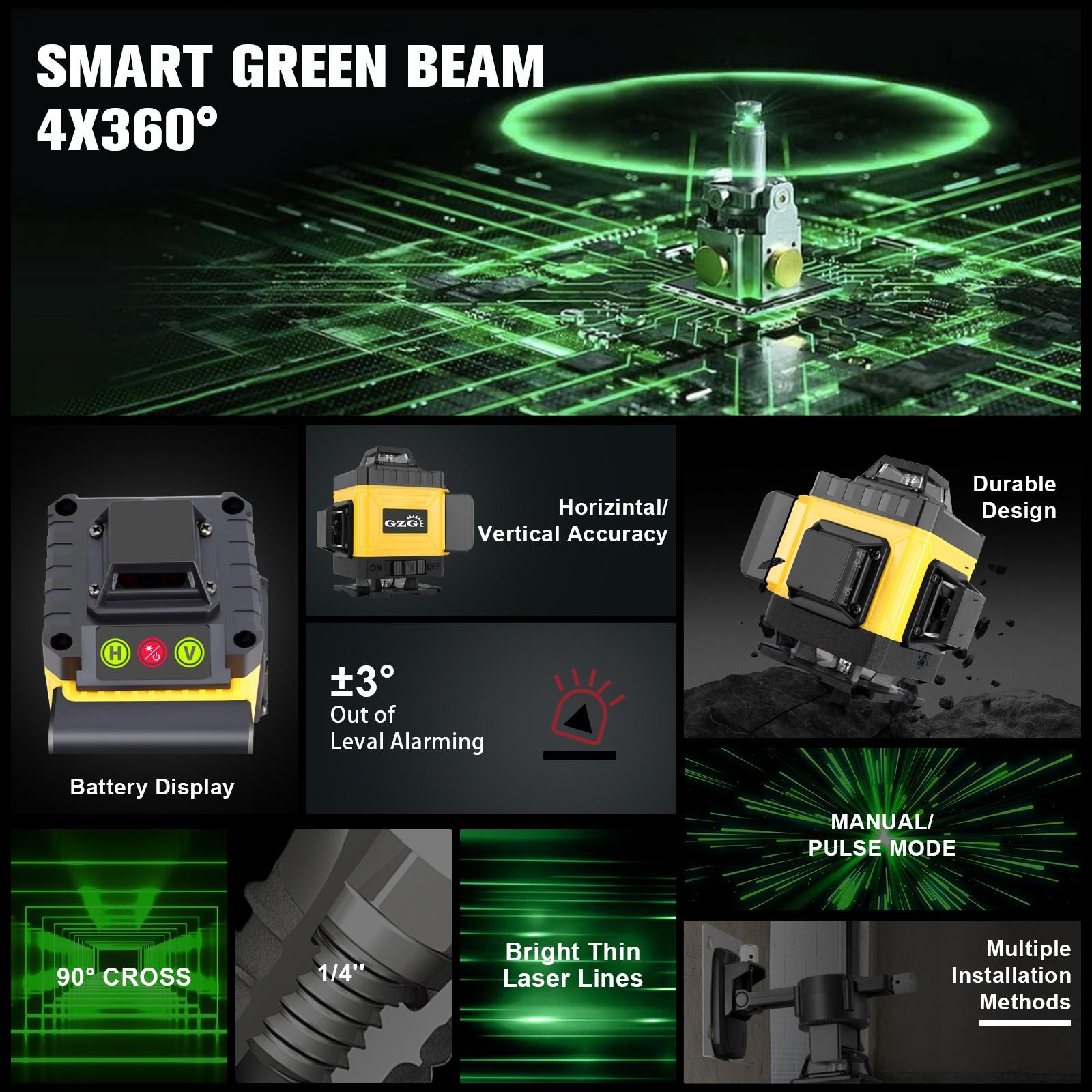 GZG 4D 16 Lines Laser Level, Auto-leveling Laser, Automatic Laser Level, Self-Leveling 360 Laser Level with Remote Control, Professional Laser Level Tool