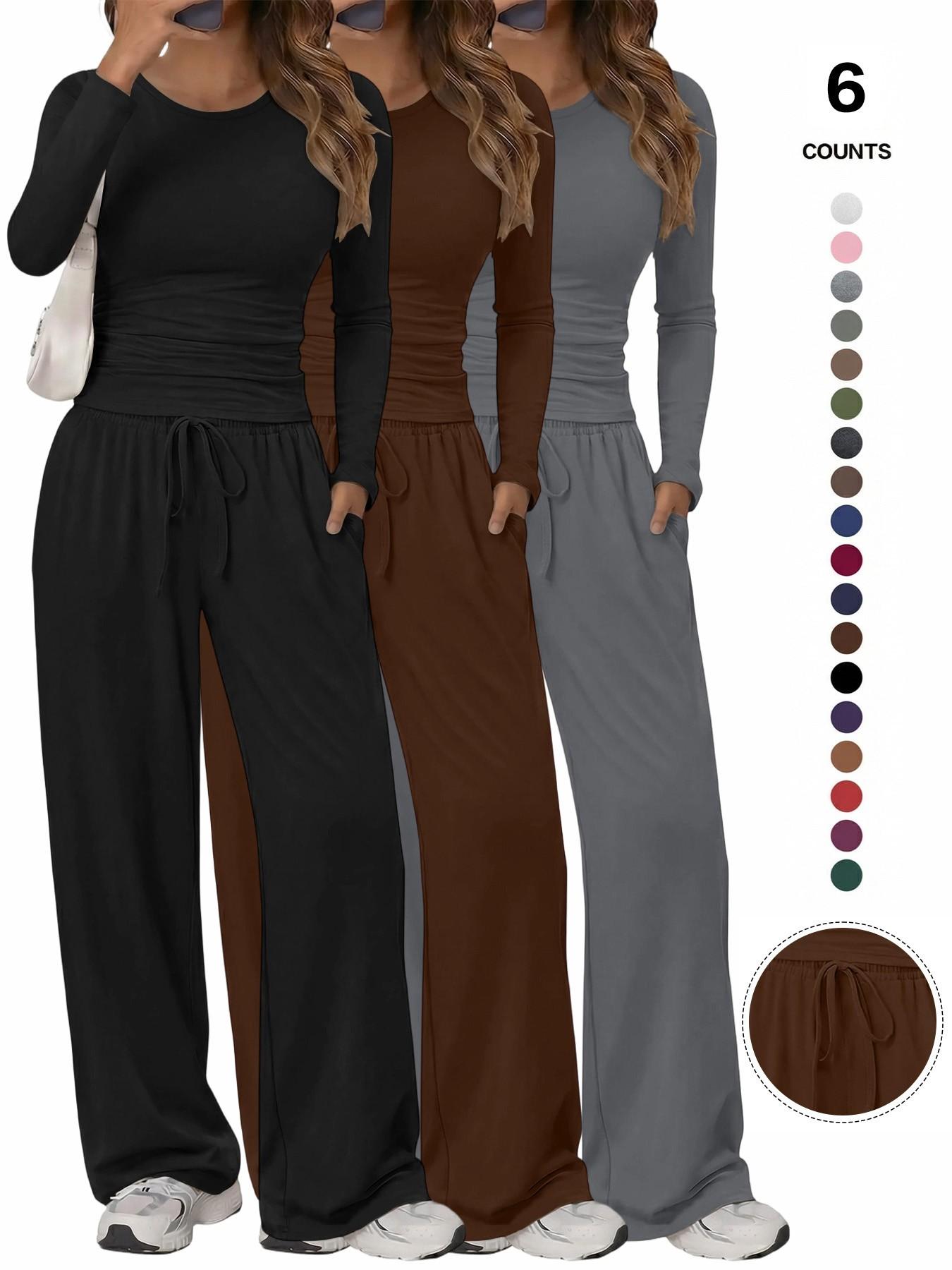 Women's Solid Ruched Drawstring Loungewear Set, Casual Long Sleeve Round Neck Top & Pocket Wide Leg Trousers, Ladies Sleepwear for All Seasons