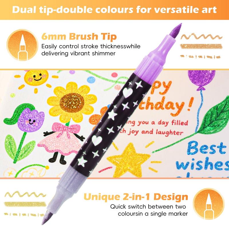 24/48/72/96 Colors Glitter Effect Brush Markers,Dual Tip Dual Color 1-5mm Soft Brush Shimmer Marker for Doodle Writing, Glitter Art Crafts Adults DIY Crafts Greeting Christmas Cards Making Art Supplies, Art Drawing Supplies