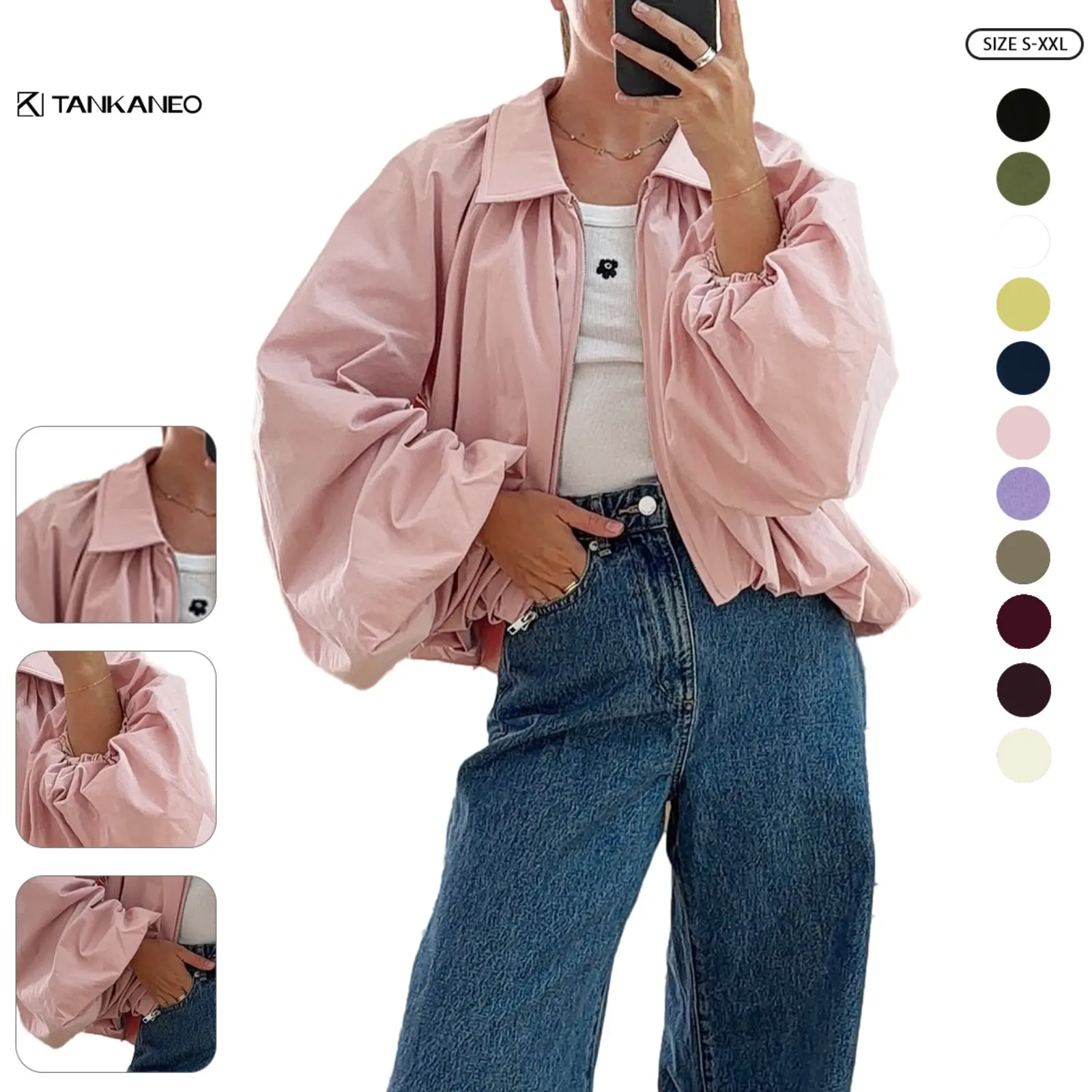 Tankaneo Womens Cropped Bomber Jackets Oversized Puff Long Sleeve Coats Fall Casual Zip Up Pleated Outerwear