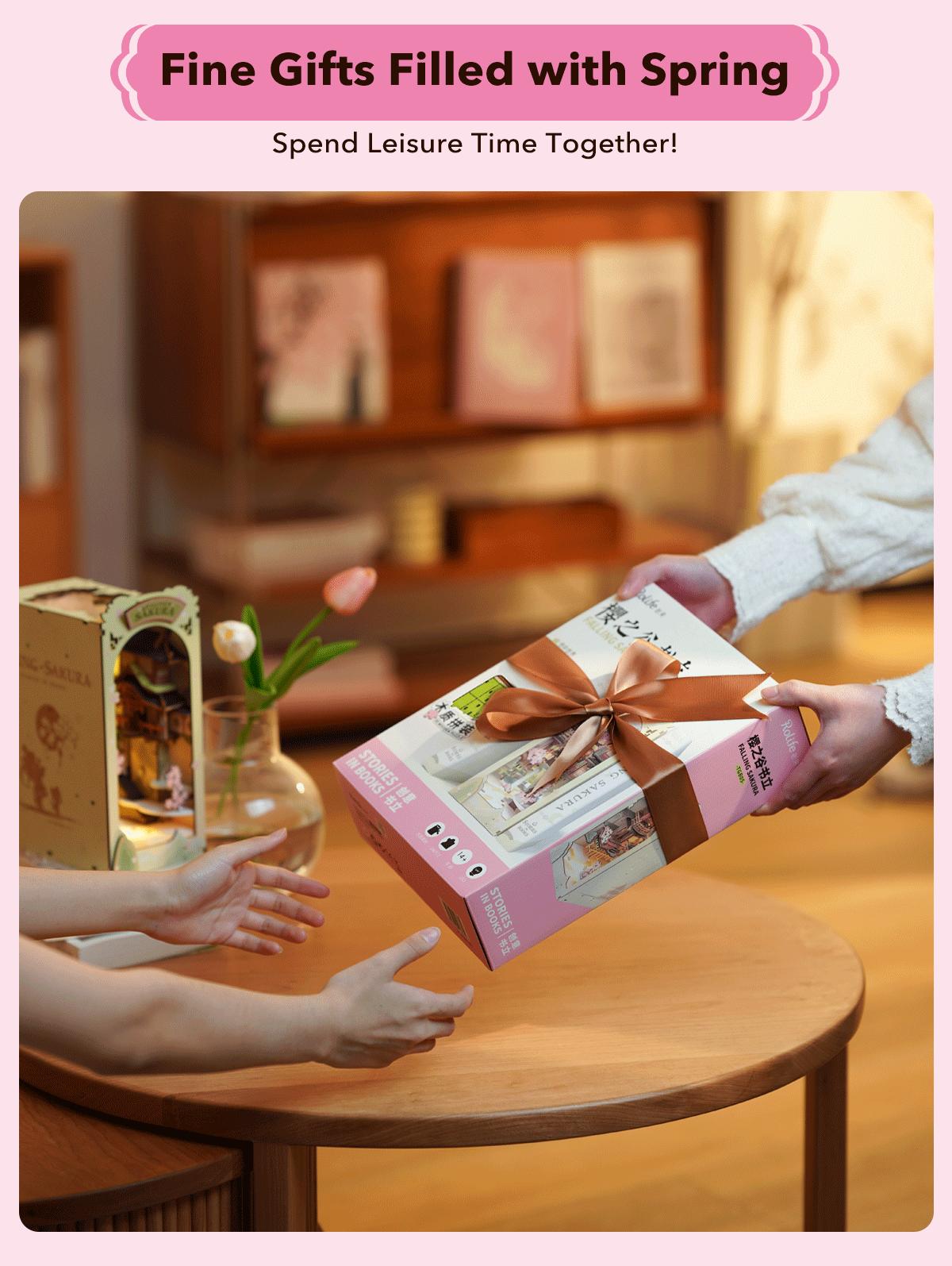 Robotime Rolife Book Nook Kits for Adults,3D Wooden Puzzle Bookshelf Decor Insert Alley DIY Miniature Booknook Model Craft Kits for Adults Gifts with LED on Birthday Christmas TGB05 Falling Sakura