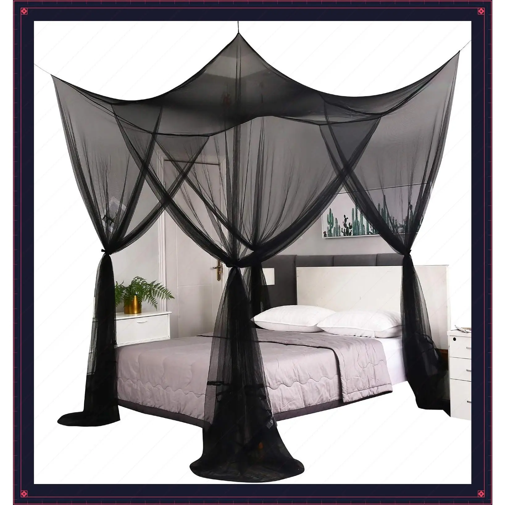 Black Bed Canopy Curtains Mosquito Net for Full Queen King Size Bed, Indoor Outdoor Patio Gothic Halloween DecorationGift